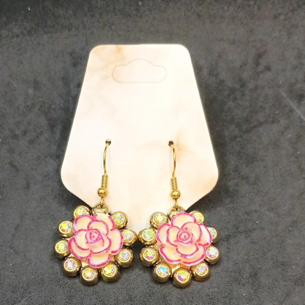 Pink and Gold Floral Earrings